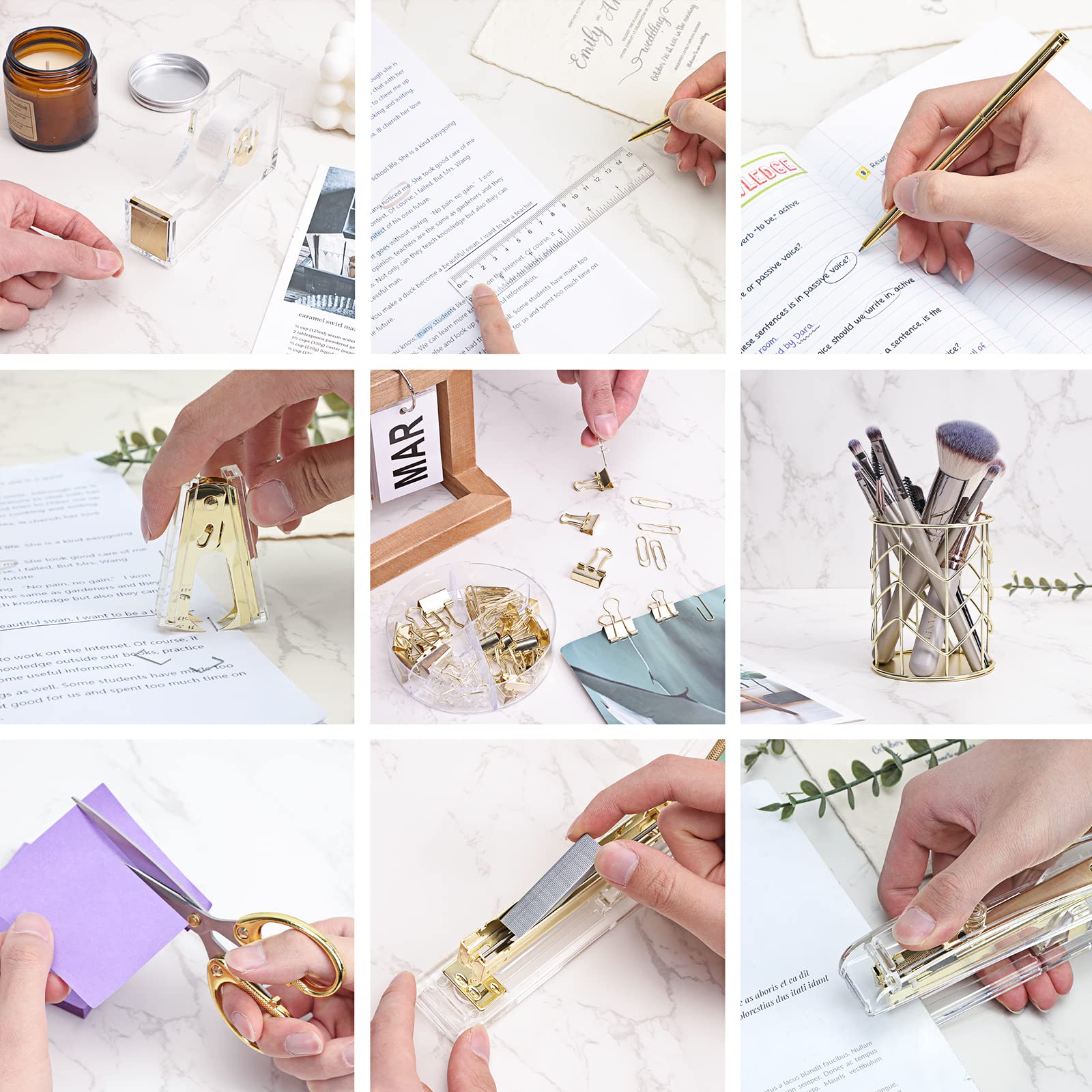 Premium Gold Office Supplies Set - Acrylic Stapler, Staple Remover, Phone Stand, Tape Dispenser, Pen Holder with 2 Ballpoint Pens, Scissors, Binder Clips, Ruler & Glue - Elegant Desk Organizer for Home Office, Workstation or Gift