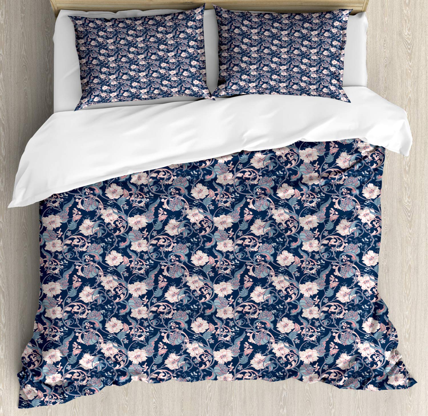 Ambesonne Victorian Duvet Cover Set - Vintage Floral Rose & Magnolia Bouquet on Dark Blue Backdrop - 2 Pack Cal King Size Bedding Set with 2 Duvet Covers & 4 Pillowcases - Dark Blue & Pale Pink - Perfect for Romantic Bedroom Decor & Guest Room Styling