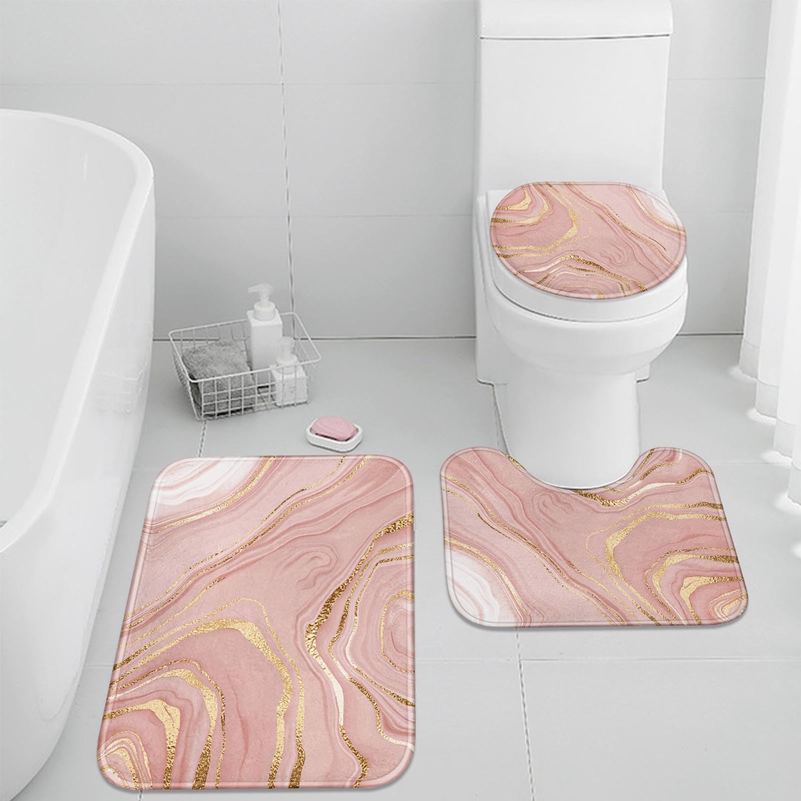 Britimes Pink Marble Bathroom Rug Set of 3 - Non-Slip Washable Gold Rose Bath Mats, Vintage Style Peach Blush Floor Decor for Kitchen, Bathroom & Bedroom - Soft & Stylish Home Decor for Spa-Like Comfort