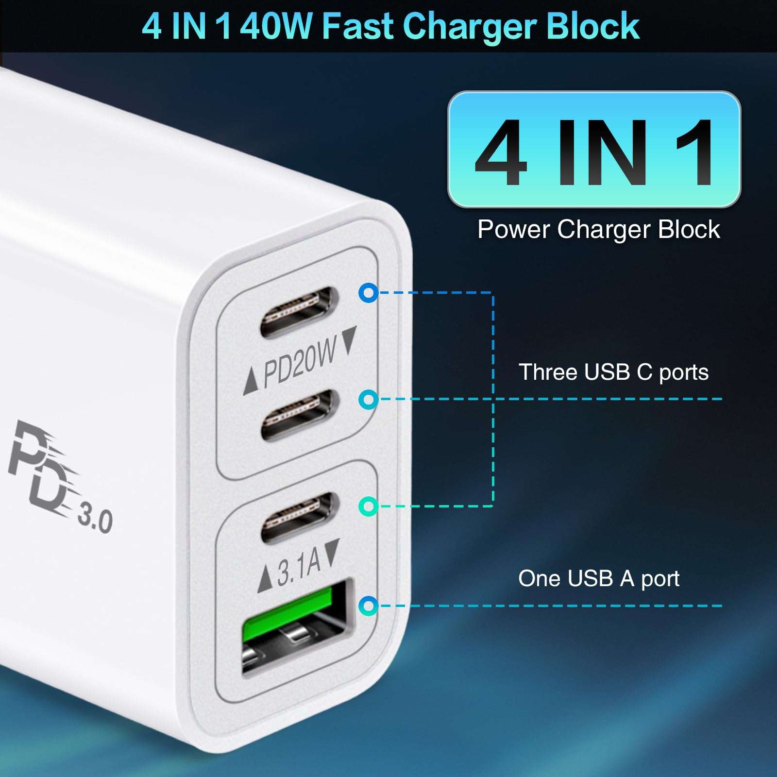 Ancekoy 40W 4-Port USB C Wall Charger [2 Pack] - Fast Charging Block with Dual PD+QC Ports for iPhone 15/14/13/12/11/Pro Max/XS/XR/8/7, Samsung Galaxy - Perfect for Home, Office & Travel Charging Multiple Devices