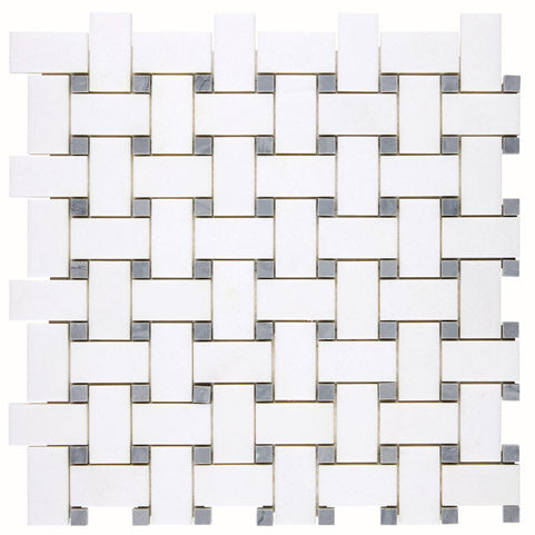 White Thassos Marble Basketweave Blue Mosaic Tile - Premium Natural Stone Wall & Floor Decor for Bathroom, Kitchen Backsplash, and Pool Surrounds