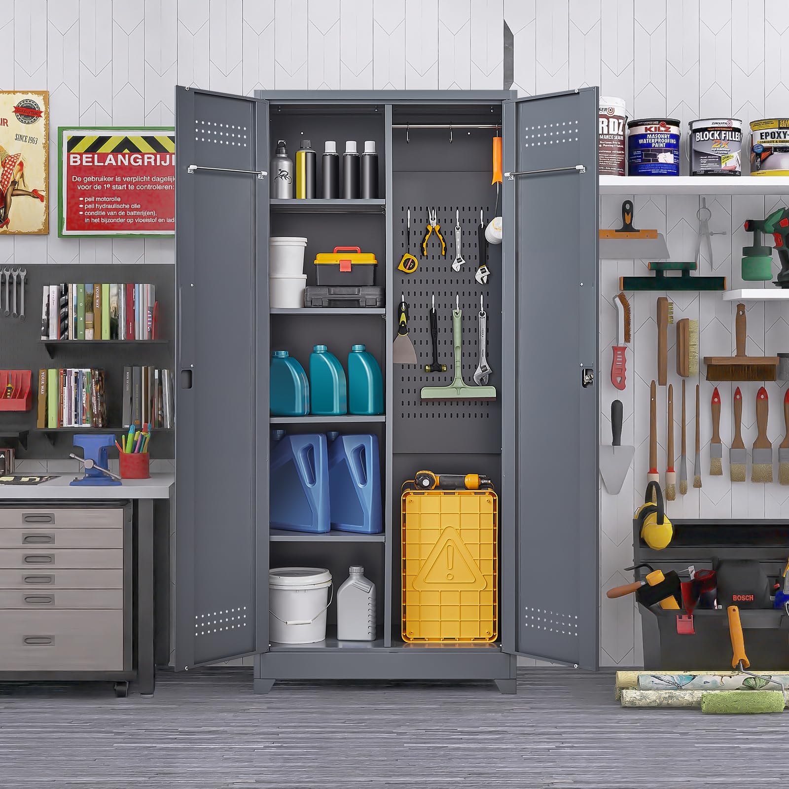 Metal Utility Storage Cabinet with Shelves - Broom Closet Organizer for Cleaning Tools, Laundry Room, Garage & Bathroom - Space-Saving Grey Cabinet for Home Organization