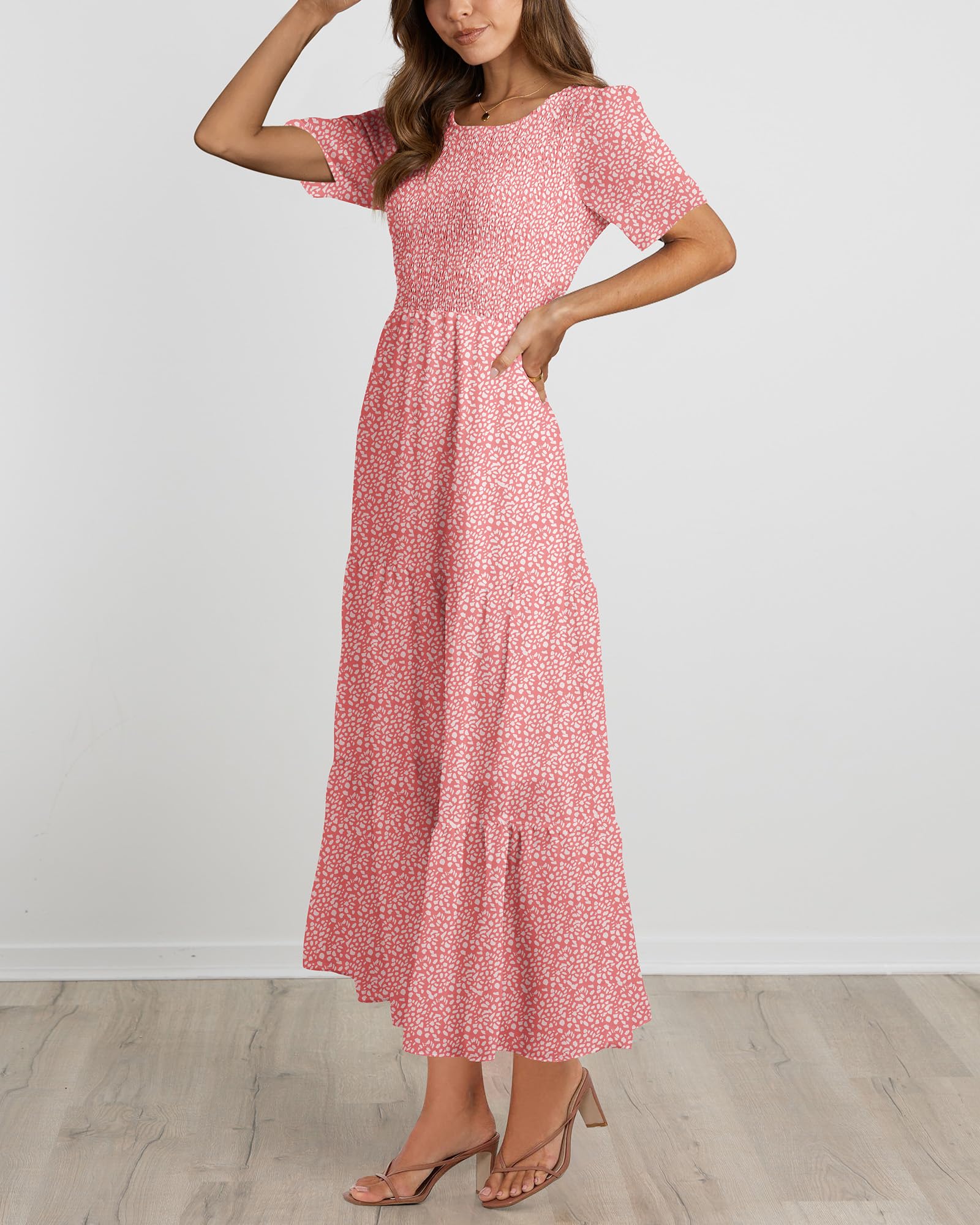 BTFBM Women's Bohemian Floral Print Short Sleeve Maxi Dress - Casual Summer Tiered Cocktail Dress with Crew Neck & Flowy Design | Perfect for Beach Vacations, Music Festivals & Date Nights