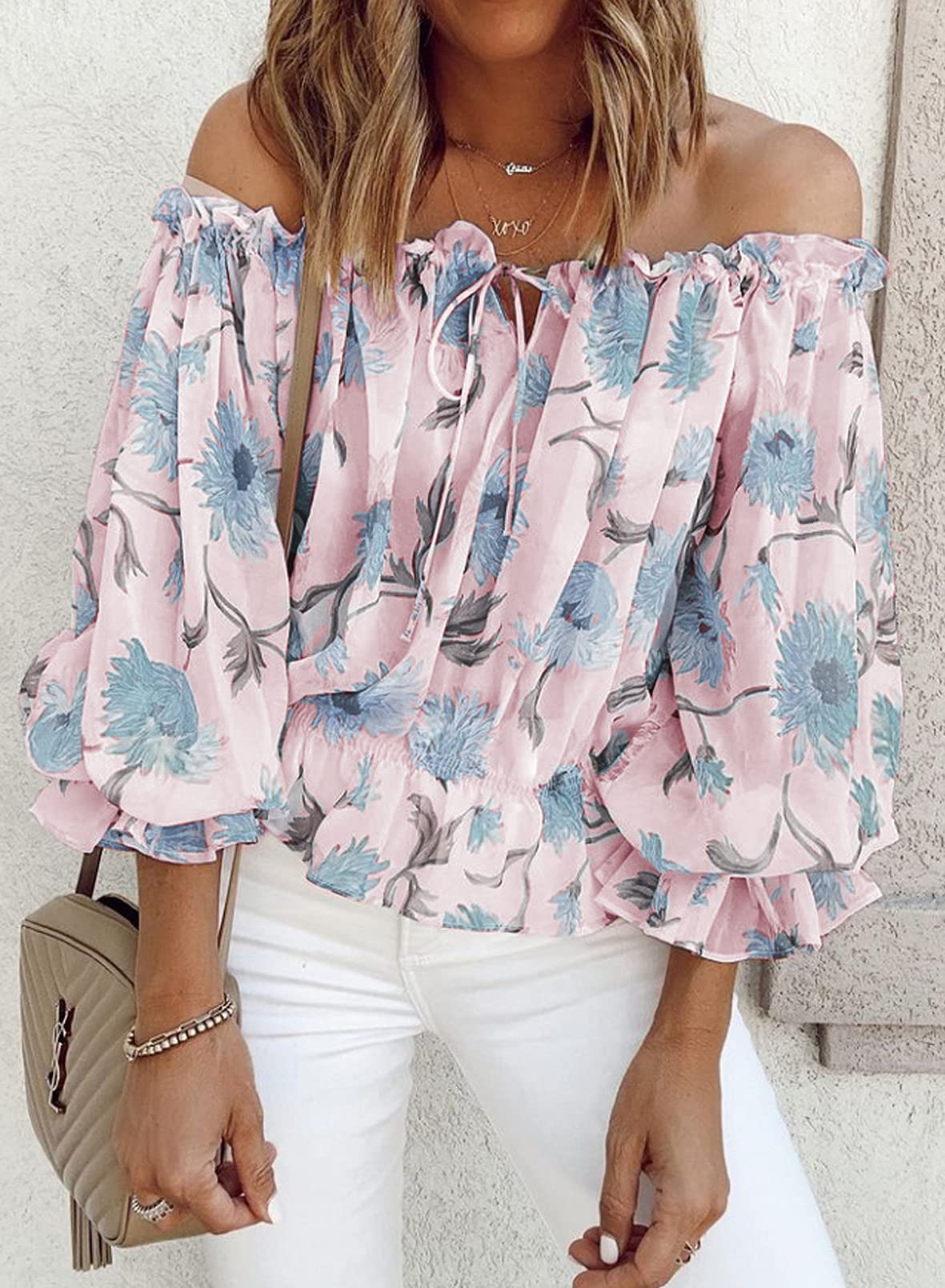 BLENCOT Women's Summer Sexy Off Shoulder Boho Blouse - Floral Chiffon Top with Ruffle Sleeves for Beach, Party & Date Night Outfits