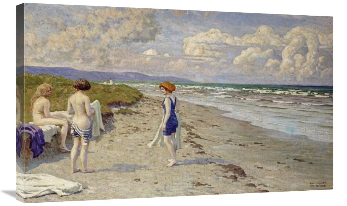 36 Inch Girls Preparing to Bathe on a Beach Art Print by Paul Fischer - Vintage Coastal Wall Decor for Bathroom, Nursery & Beach House
