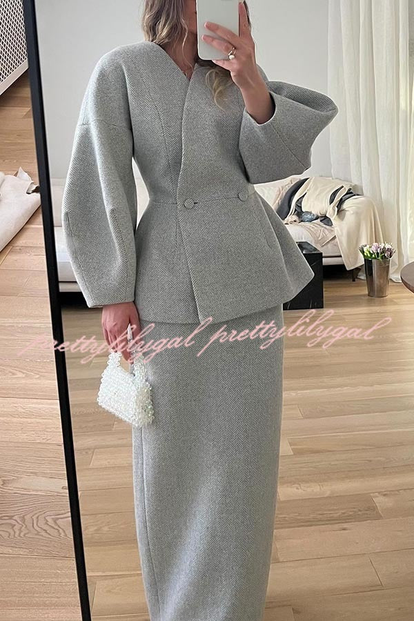 Viseu Textured Fabric Button-Down Balloon Sleeve Coat with Elastic Waist Pencil Maxi Skirt Set - Women's Elegant Office & Party Outfit for Fall/Winter Fashion