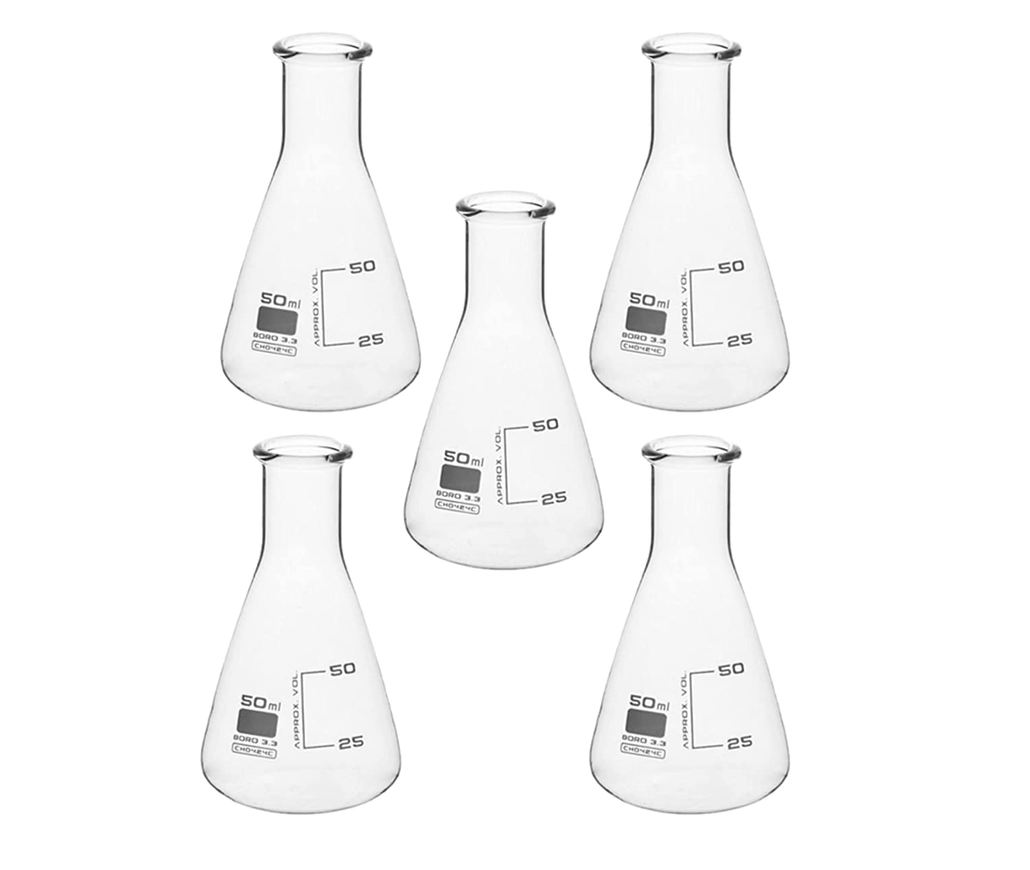 5-Pack 50ml Borosilicate Glass 3.3 Conical Flask - High Heat Resistant Lab Glassware for Chemistry Experiments, Science Class & Home Brewing