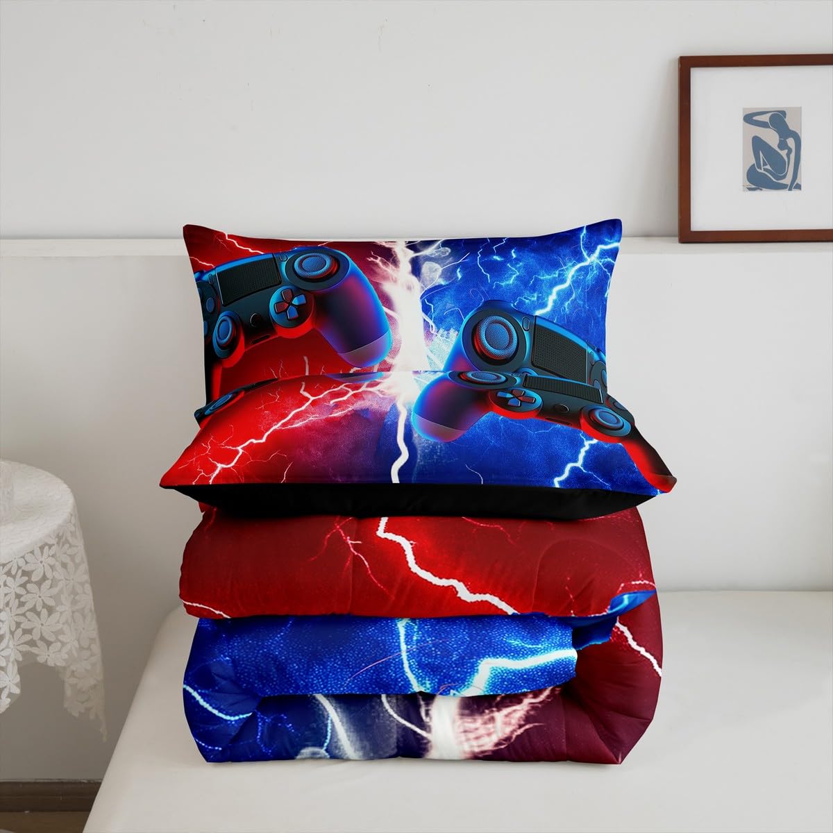 Erosebridal Queen Gaming Bedding Set for Boys - Red & Blue Gamer Comforter Set with Toddler & Kids Bedding - Perfect for Teen Bedrooms, Gaming Rooms & Sleepovers