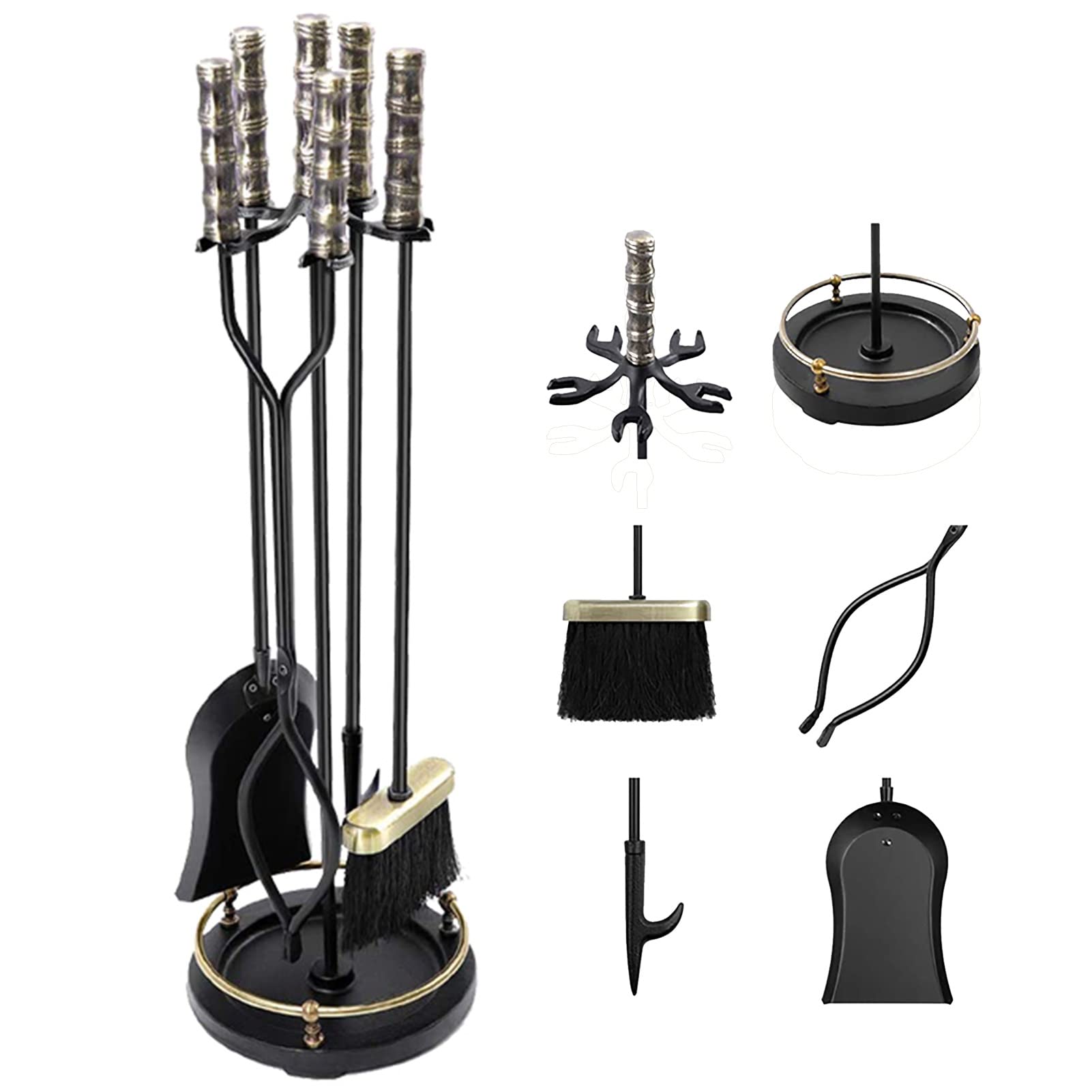Premium MTSON 5-Piece Rustic Fireplace Tool Set with Brass Handles - Cast Iron Fireplace Accessories, Standing Design & Easy Assembly for Indoor/Outdoor Fire Pits, Fireplaces & Wood Stoves