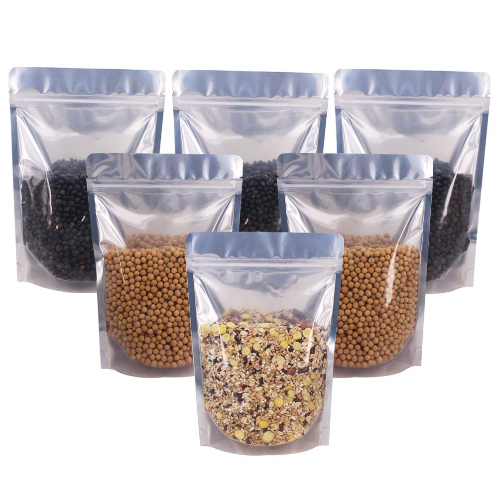 100 Pack 6.7 x 9.45 Inch Stand Up Pouch Bags with Zipper - Clear Front & Aluminum Foil Back Reusable Mylar Food Storage Bags - Gusset Bottom, 5.5mil Thickness - Perfect for Coffee, Snacks, Pet Food & Bulk Food Storage