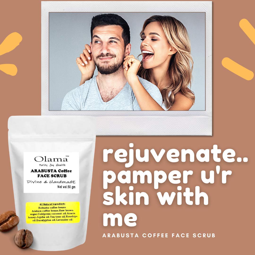 Olama Coffee & Honey Face Scrub - Divine & Handmade Arabusta Coffee Scrub with Sugar, Jojoba Oil, Rosehip Oil, Almond Oil & Virgin Coconut Oil - Luxury Paraben & SLS Free Facial Exfoliator (50g) - Perfect for Glowing Skin & Spa Day Self-Care