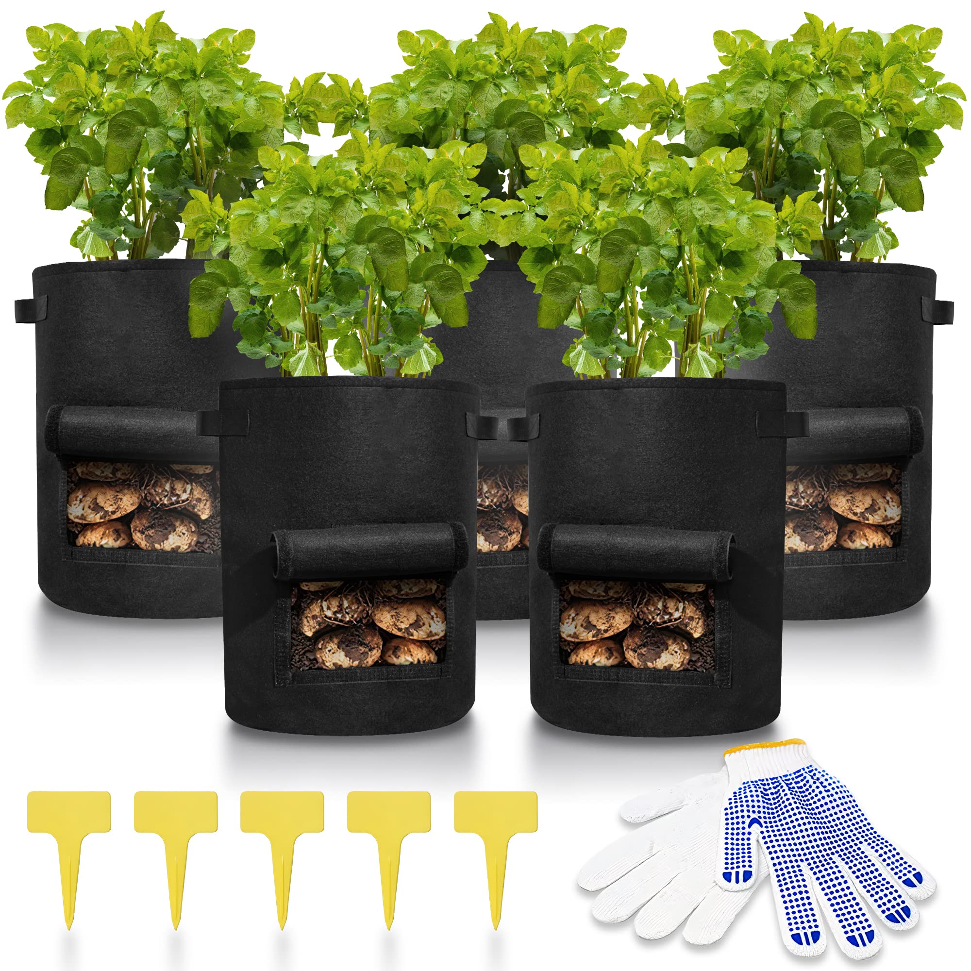 5 Pack 10 Gallon Potato Grow Bags - Breathable Non-Woven Fabric Plant Containers for Potatoes, Tomatoes, Vegetables & Fruits | Includes Bonus Gardening Gloves | Perfect for Indoor/Outdoor, Balcony & Urban Farming