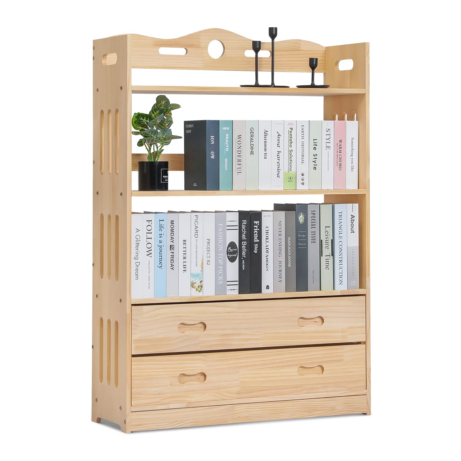 MoNiBloom 3-Tier Solid Wood Bookcase with Open Shelves & 2 Drawers - Kids Room, Living Room & Bedroom Storage Organizer - Perfect for Books, Toys & Home Decor Display (Natural Finish)