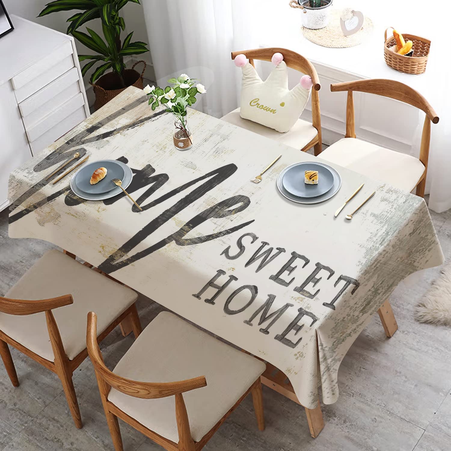 Waterproof Beige White Tablecloth 54x70.9 Inches - Durable Fabric Table Cover for Dining Room, Kitchen, Party & Outdoor Use - Perfect for Family Gatherings, Picnics and Holiday Decorations