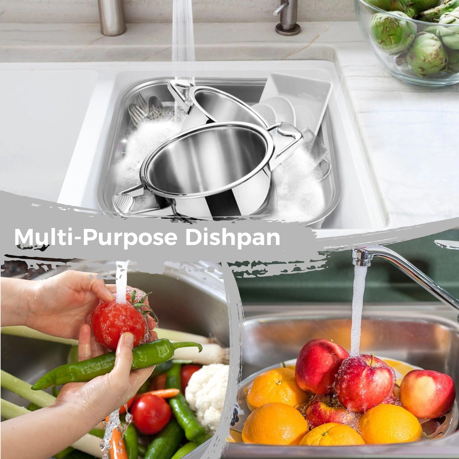 Yeesport Stainless Steel Dish Tub - Large Square Kitchen Sink Basin for Washing Vegetables, Dishes & Multi-Purpose Use | Durable & Rustproof Home Cleaning Container for Kitchen, Camping & Outdoor Activities