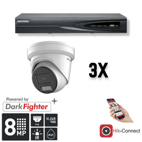 3-Pack 8MP Turret Security Camera System with NVR & Cables - Indoor/Outdoor Surveillance for Home & Business Security