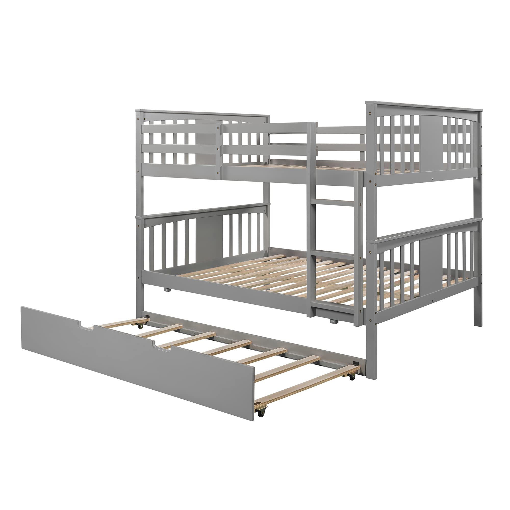 Harper & Bright Designs Solid Wood Full Over Full Bunk Bed with Trundle & Ladders - Grey Bedroom Furniture for Kids, Teens & Guest Rooms - Space Saving Solution for Shared Bedrooms & Sleepovers