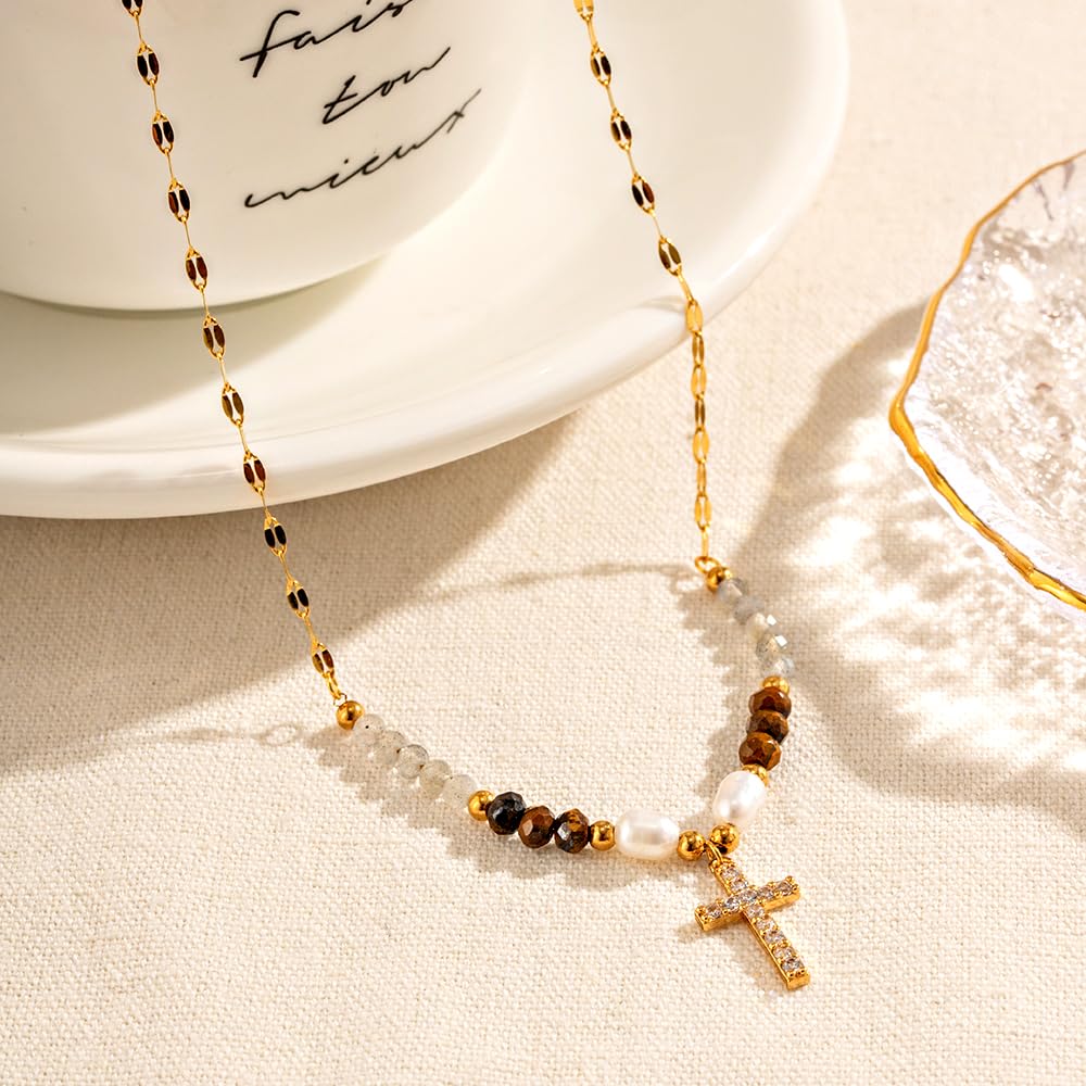 Gold Cross Necklace for Women - Handmade Gemstone Choker with Pearl Beads | Elegant Birthday Gift & Good Luck Jewelry | Perfect for Church, Weddings & Special Occasions