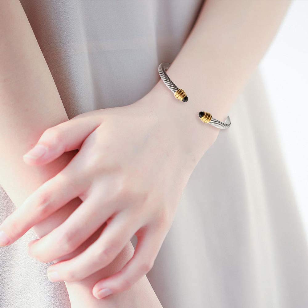 Twisted Cable Cuff Bracelets - Black Agate Vintage Jewelry for Women & Men | Stackable Gift for Any Occasion