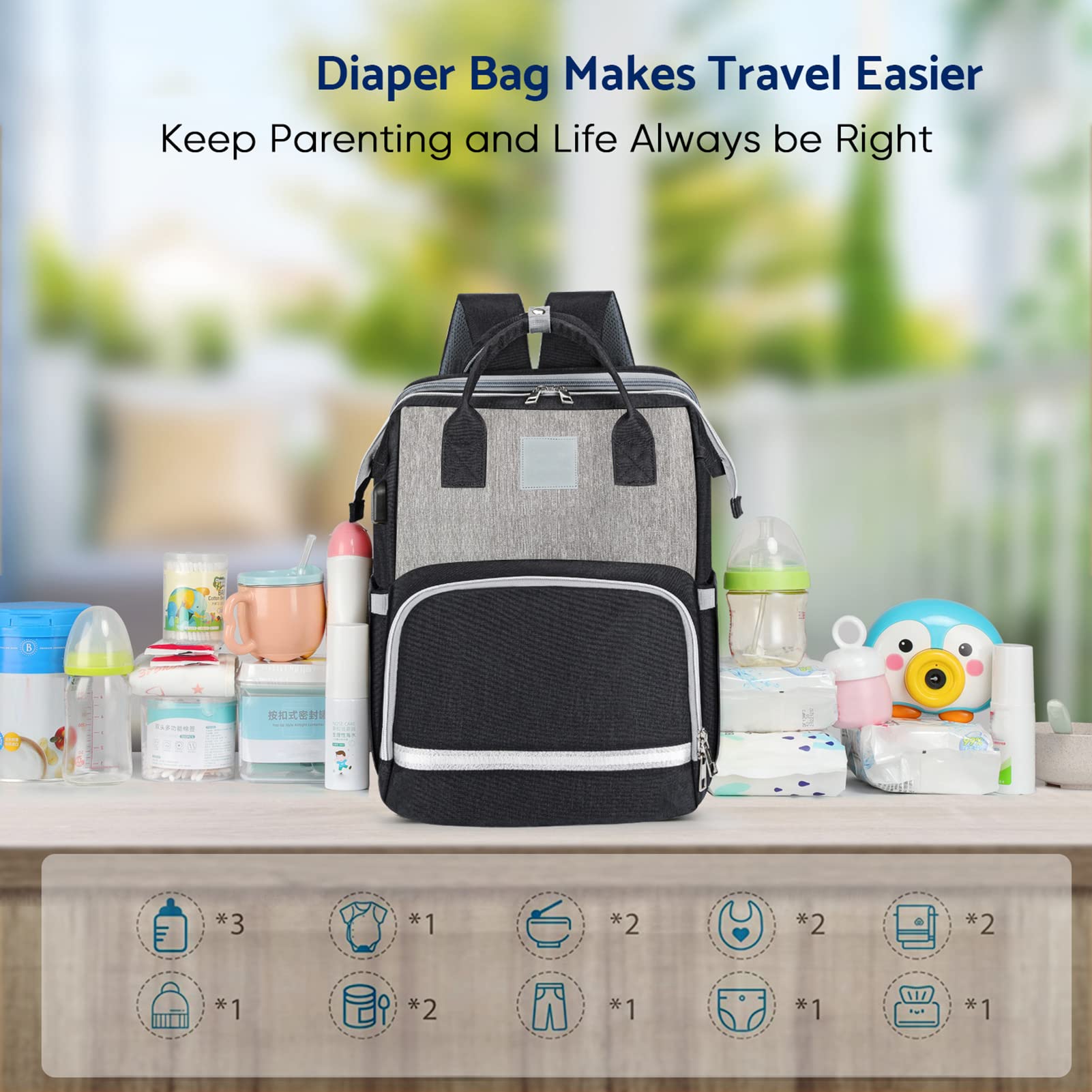 **Large Expandable Diaper Backpack for Moms - Multifunctional Travel Baby Bag with High Capacity, Waterproof & Stylish (Grayish Black) - Perfect for Day Trips, Air Travel & Baby Essentials Organization**