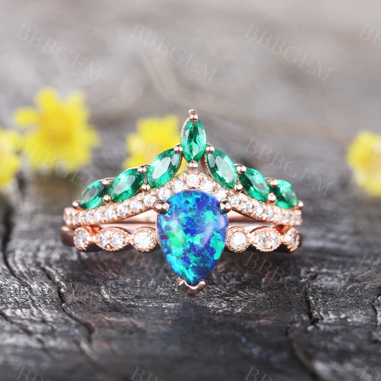 Exquisite Pear Cut Black Opal Engagement Ring with Diamond Crown & Chevron Eternity Band Set - Perfect for Proposals, Anniversaries & Special Occasions