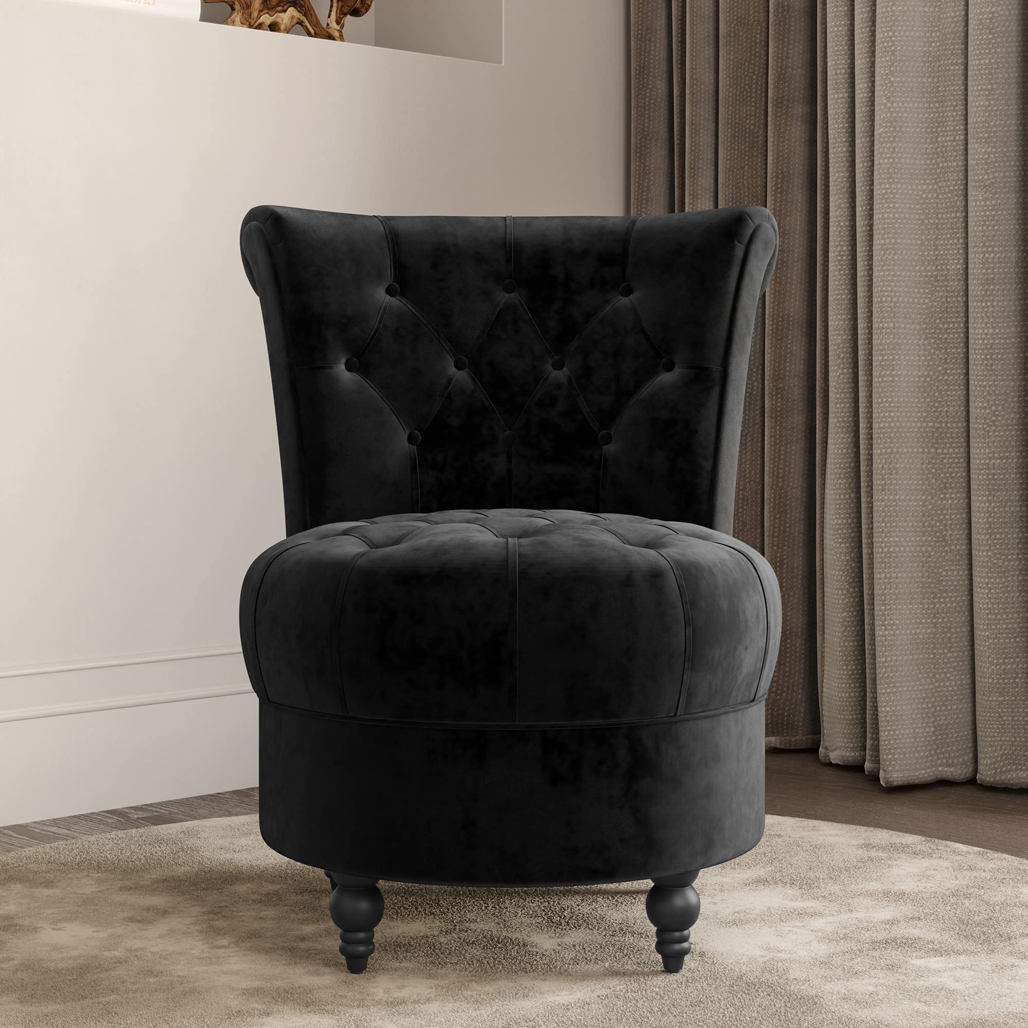 BELLEZE Throne Royal Accent Chair - Luxurious Button-Tufted Velvet Upholstery, Low Back Armless Design with Thick Padding & Sturdy Rubberwood Legs - Perfect for Living Room, Bedroom or Office Decor (Black, Malik Style)