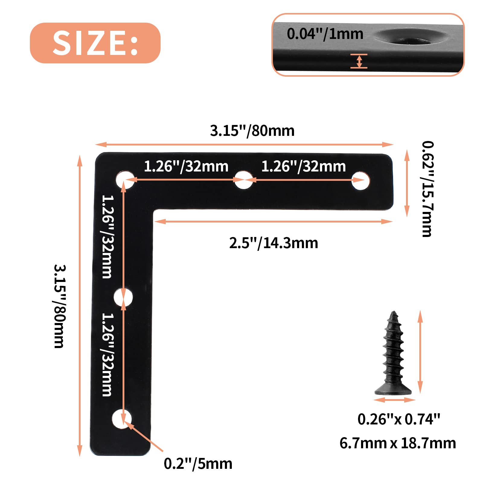20 Pack Heavy Duty Stainless Steel L-Shaped Corner Braces 3.15