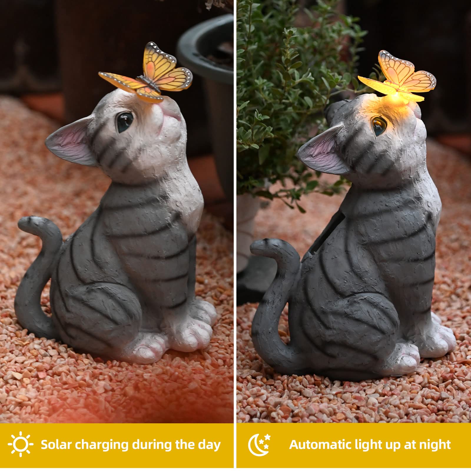 Solar Cat Garden Statue with LED Lights - Outdoor Decor for Patio, Lawn & Yard - Weatherproof Animal Figurine for Housewarming Gift & Garden Art (Grey) - Perfect for Nighttime Illumination & Landscape Accents