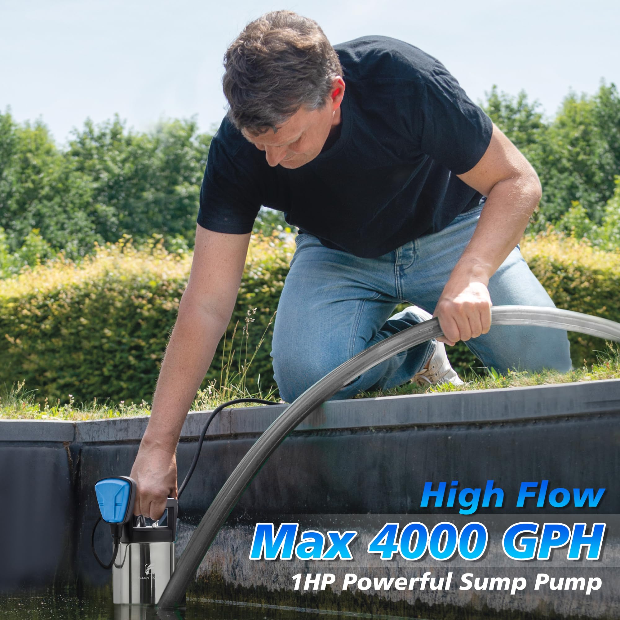 FLUENTPOWER 1HP 4000GPH Submersible Sump Pump with Stainless Steel Housing - Automatic/Manual Operation for Basement, Cellar, Pool, Pond, Garden & Hot Tub Drainage - Ideal for Flood Prevention and Clean/Dirty Water Removal