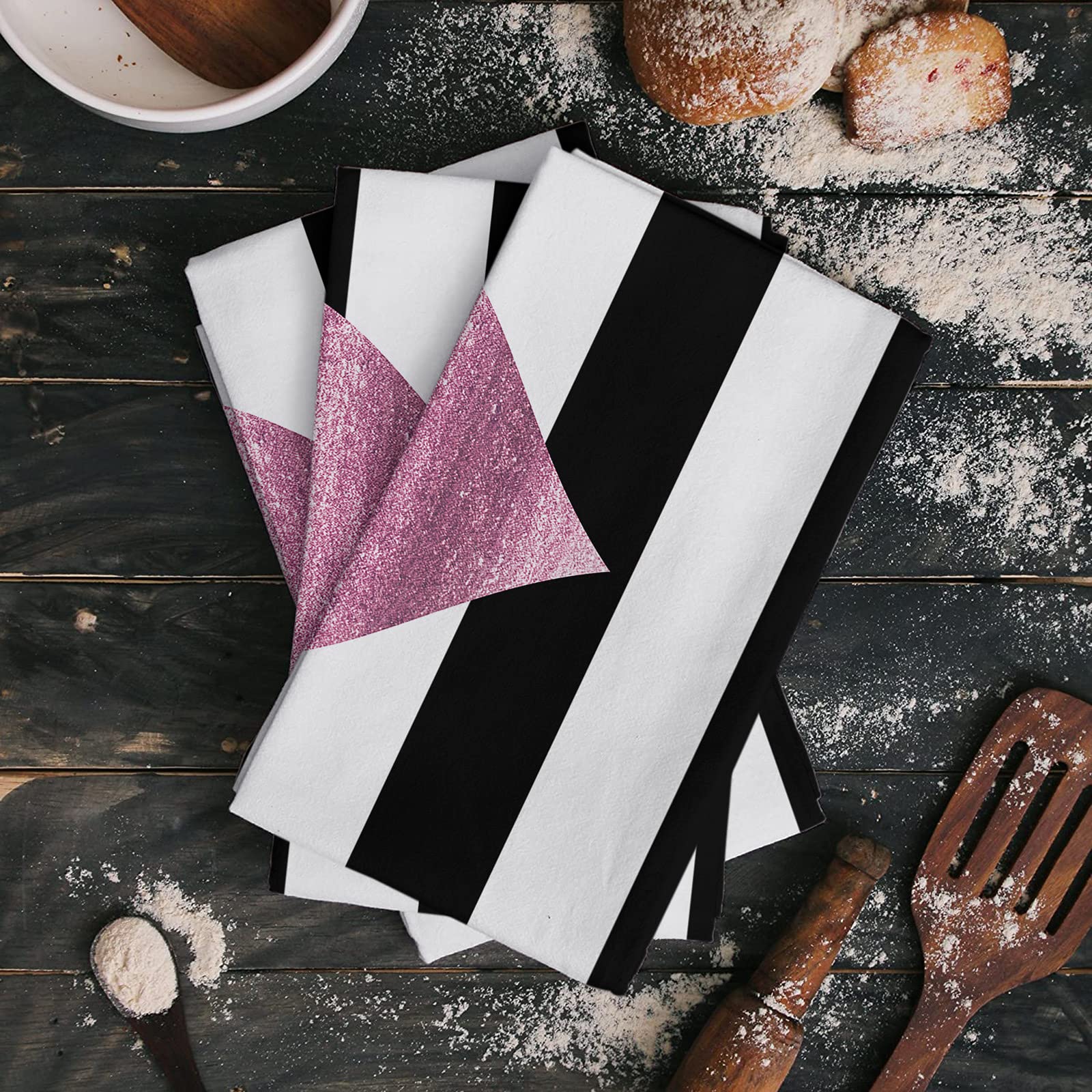Absorbent Microfiber Kitchen Towels Set of 4 - Valentine's Day Heart Pink & Striped White Black - Ultra Soft Reusable Dish Cloths for Kitchen, Bathroom, Bar - Perfect for Cleaning, Drying Dishes & Decorative Use