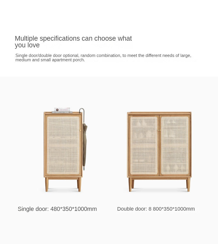 Solid Oak Wood Shoe Storage Cabinet with Rattan Doors - Organize Shoes Neatly in Entryway, Bedroom or Closet