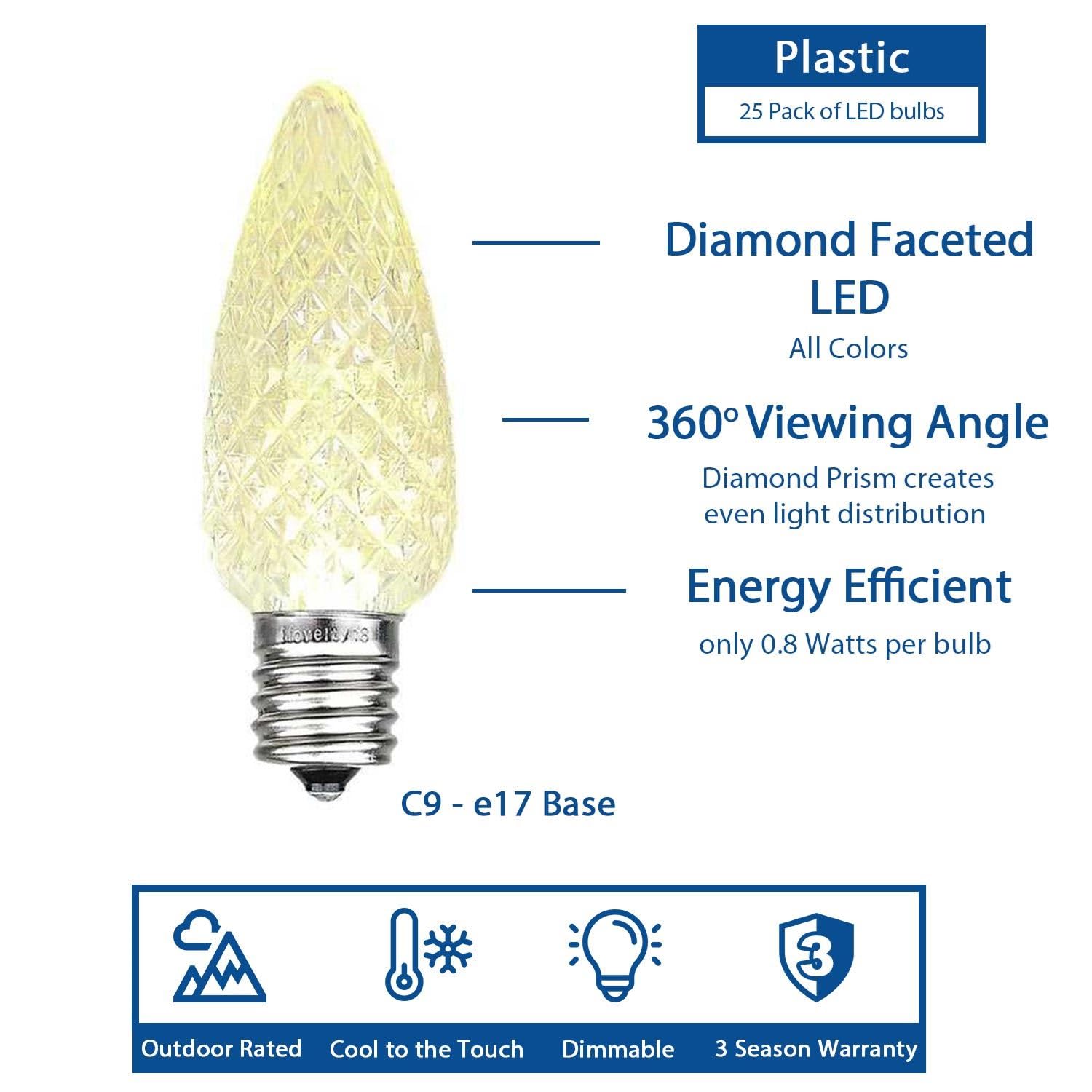25PK C9 LED Faceted Ultra Bright Dimmable Outdoor Christmas Light Replacement Bulbs - Energy Efficient Orange String Lights for Holiday Decorations, Patio, Garden & Roof Lighting