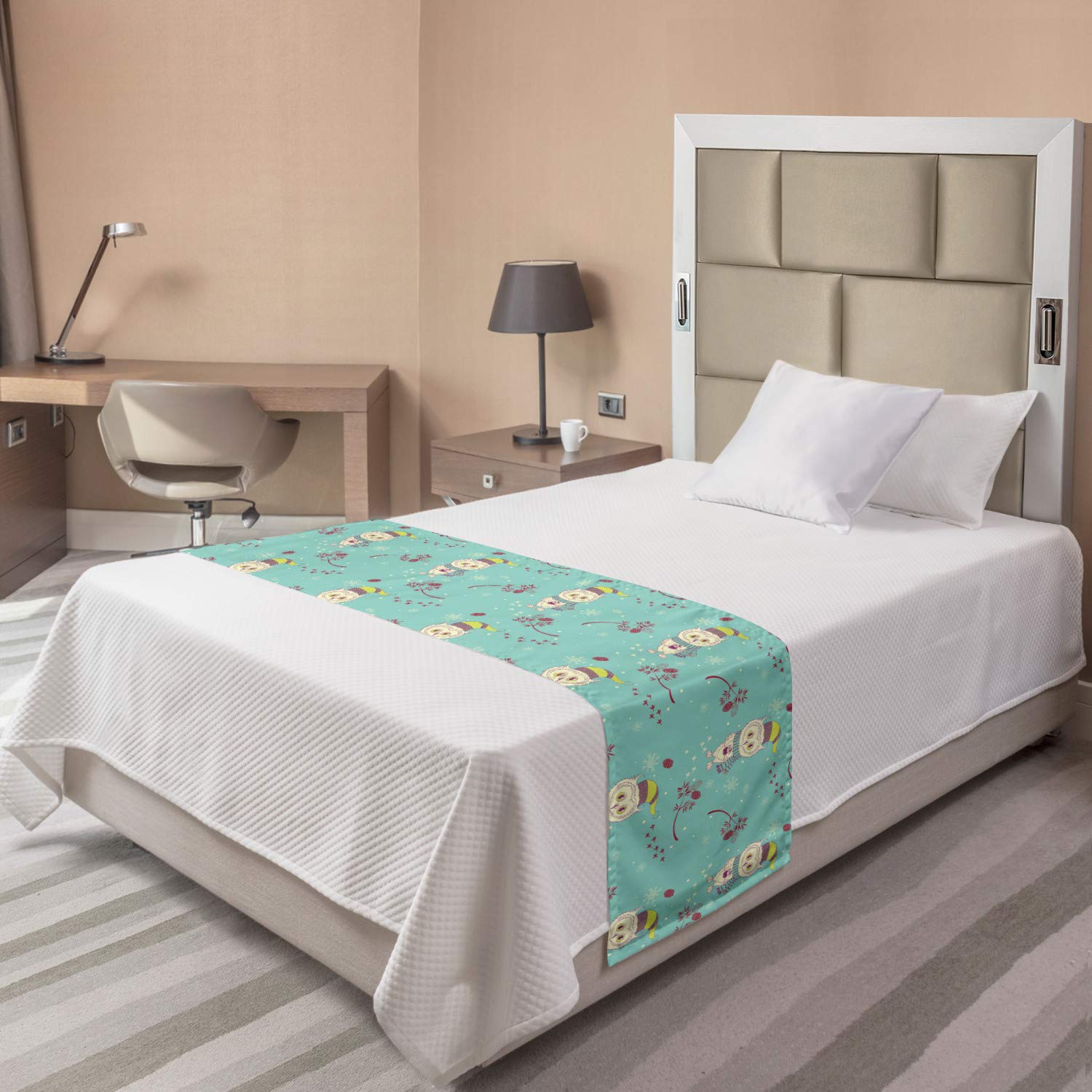 Ambesonne Owl Print Bed Runner - Winter Themed Decorative Bedding Scarf with Snowflakes & Branches Pattern for Hotels, Homes & Guest Rooms | Perfect for Holiday Decor, Christmas Bedding & Cozy Winter Bedroom Accent