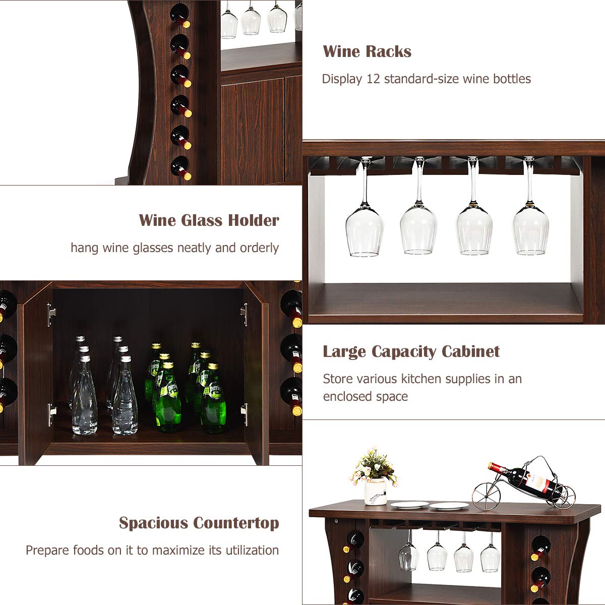 Giantex 12-Bottle Rolling Bar Cabinet with Glass Holder - 2-Door Mobile Buffet Sideboard with Storage for Wine, Liquor & Kitchen Essentials - Perfect for Dining Room, Living Room & Home Entertaining (Brown)