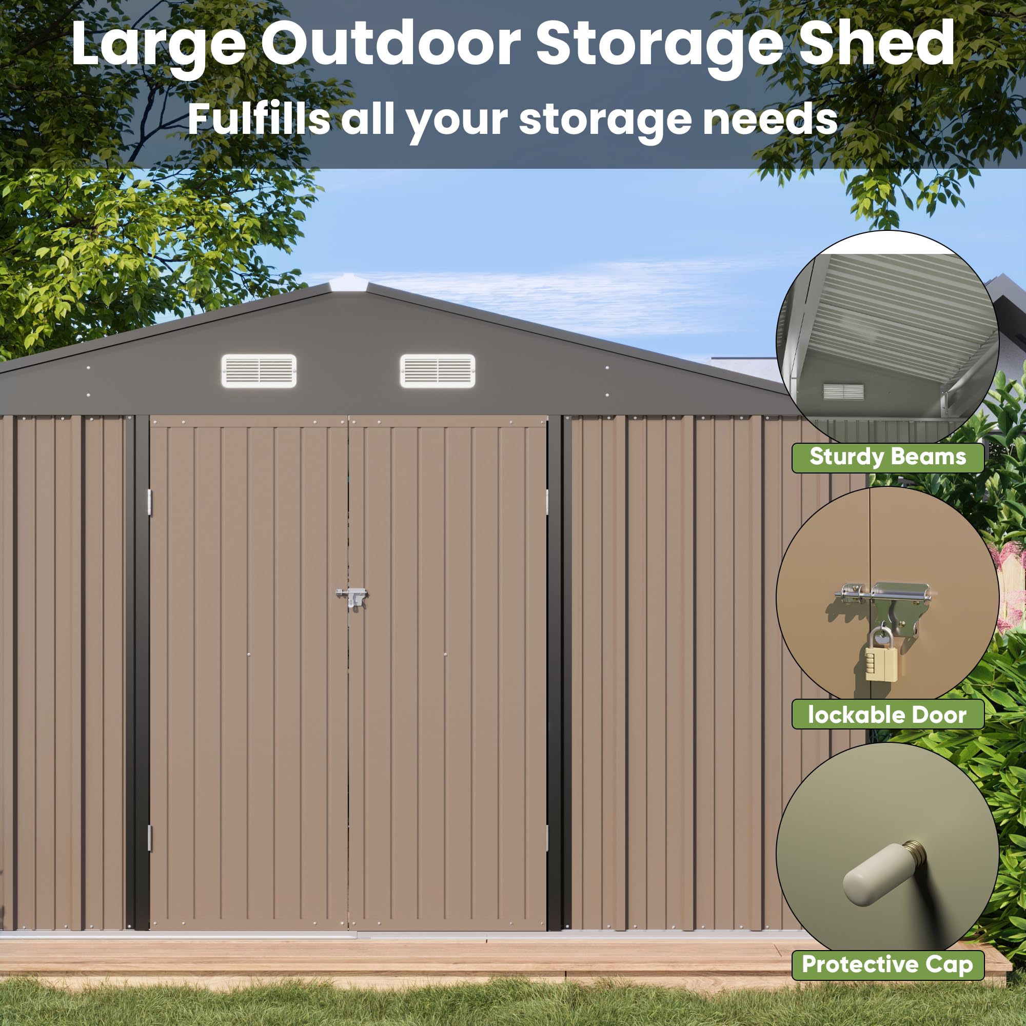 Patiowell 10x10 FT Outdoor Metal Storage Shed with Lockable Doors - Heavy Duty Utility & Tool Shed for Garden, Patio, Backyard - Weather Resistant Brown Steel Shed for Outdoor Equipment, Lawn Mower & Gardening Tools Storage