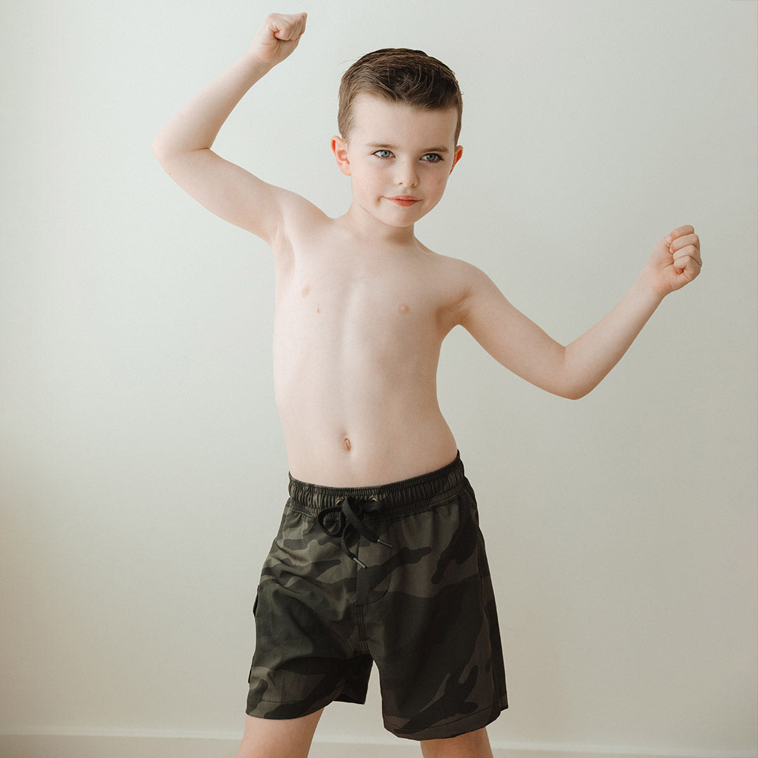 Camo Jr. Swim Trunks for Boys - Quick Dry Kids Swim Shorts with UPF 50+ Sun Protection - Perfect for Pool, Beach, and Summer Water Activities