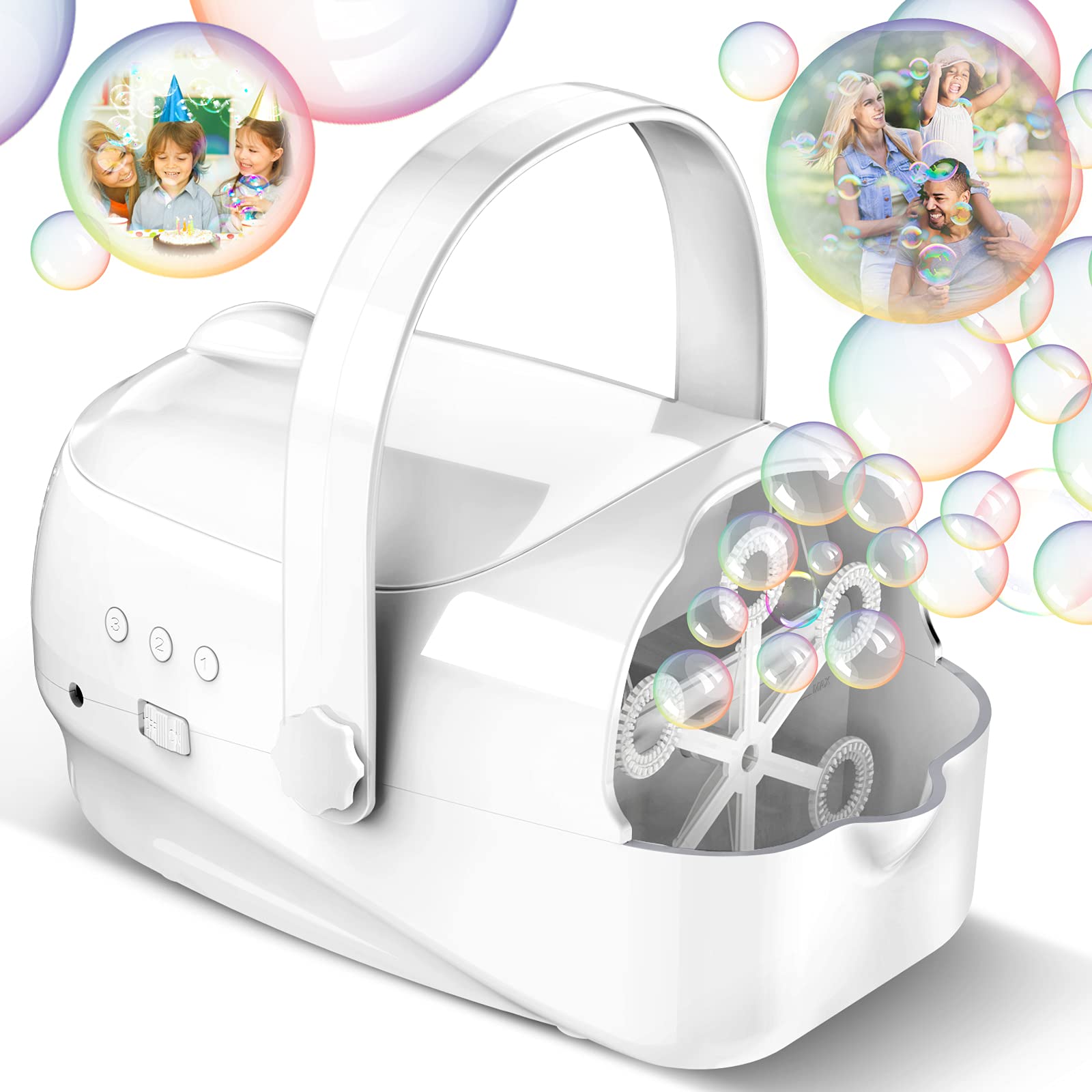 Automatic Bubble Blower Machine - 5000+ Bubbles Per Minute, 3 Speed Settings, Plug-in & Battery Powered Portable Bubble Maker for Kids, Toddlers, Birthday Parties, Weddings & Outdoor Play | Perfect for Backyard Fun, Park Adventures and Festive Celebrations