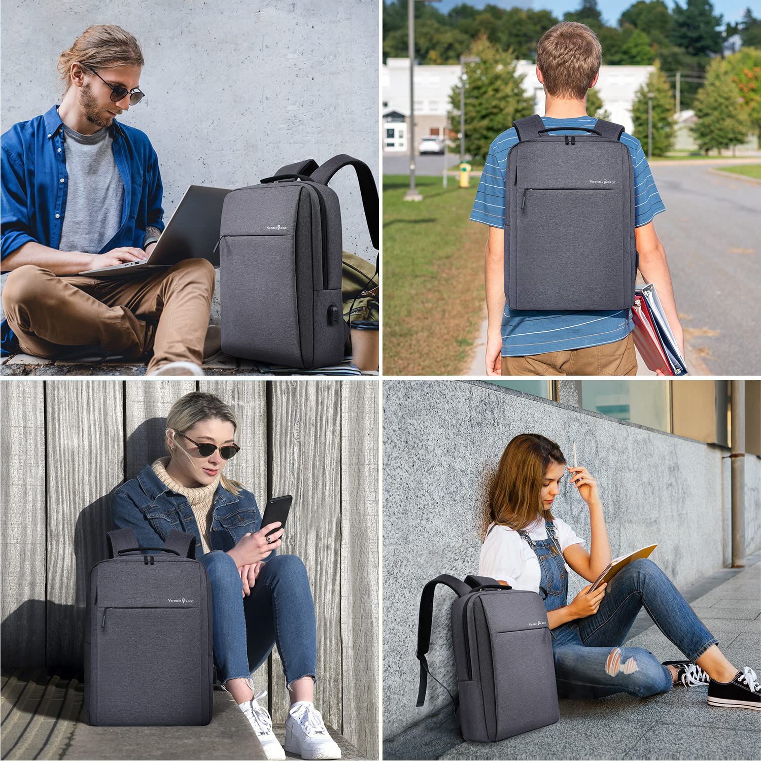 Victoriatourist 15.6 Inch Laptop Backpack - Slim Durable Business & Travel Backpack with USB Charging Port, College Computer Bag for Men & Women - Fits Most Notebooks (Grey) - Perfect for Work, School & Daily Commute