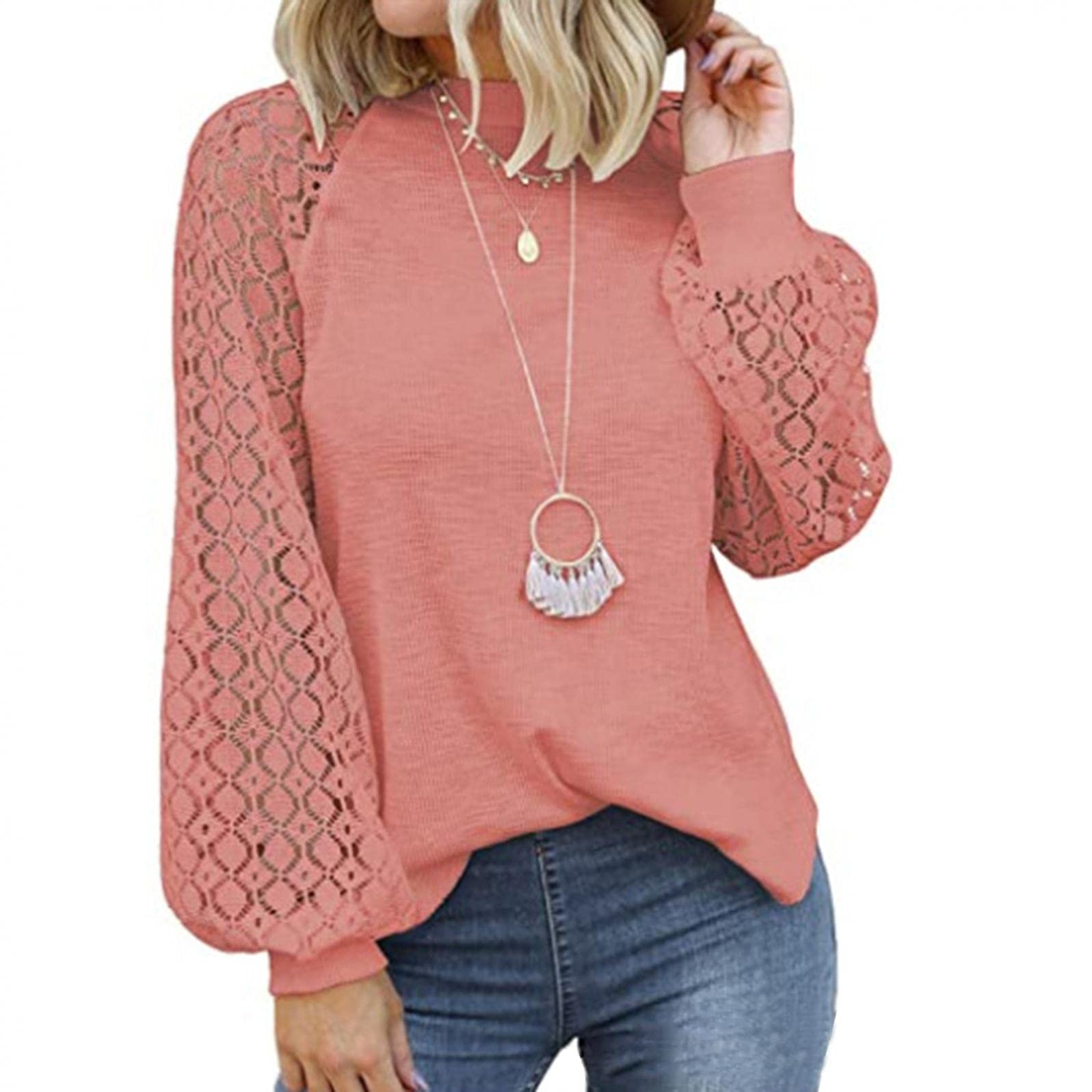 Sexy Long Sleeve Shirts for Women - Crew Neck Lantern Blouse with Hollow Out Design, Casual Loose Fit Comfortable Tops for Everyday Wear, Office & Date Night