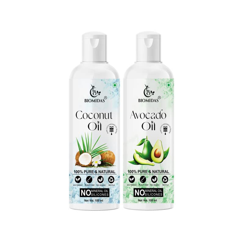 Biomidas 100% Pure Coconut Oil & Avocado Oil Combo Set (100ML Each) - Promotes Hair Growth, Reduces Hair Fall, Repairs Split Ends for Soft & Shiny Hair - Perfect for Daily Hair Care & Scalp Treatment