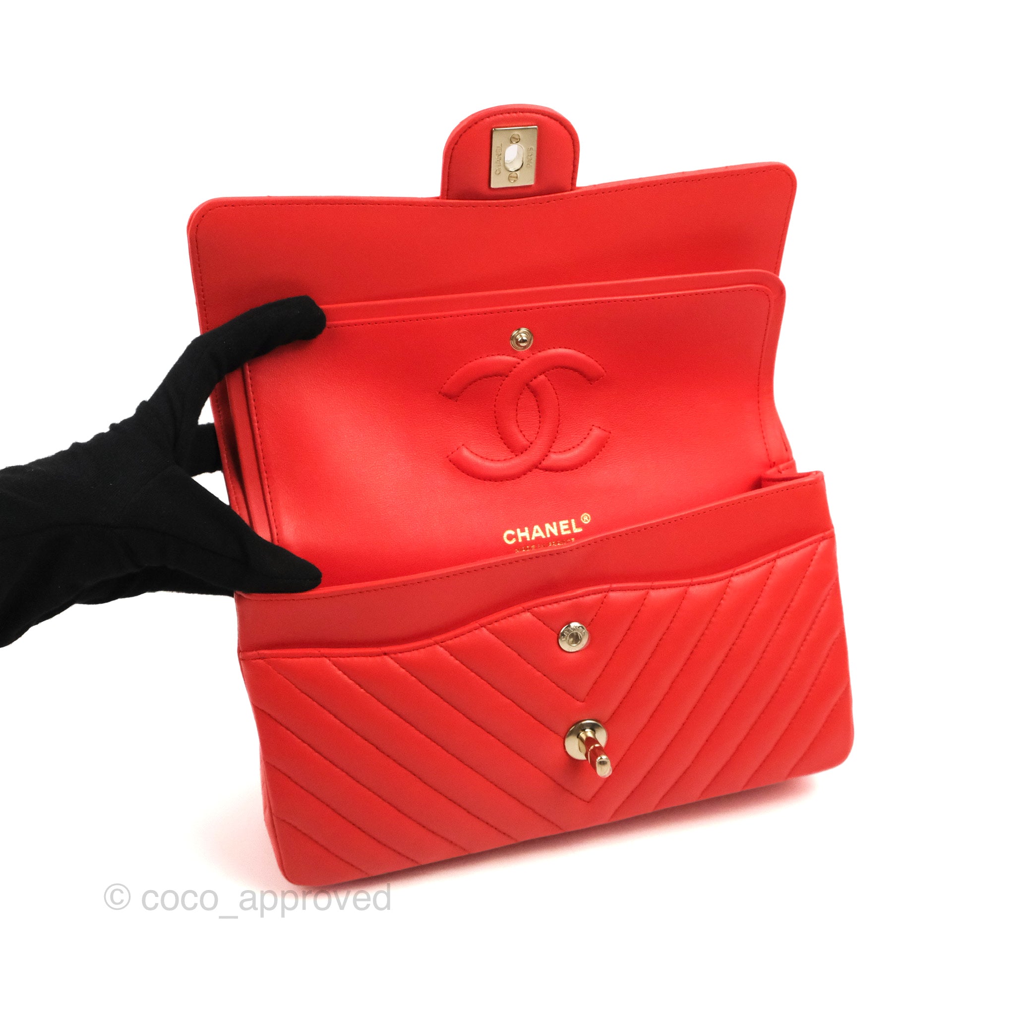 Chanel Classic Medium Flap Bag - Chevron Red Lambskin Leather with Gold Hardware | Luxury Designer Handbag for Women | Perfect for Date Night, Parties & Special Occasions