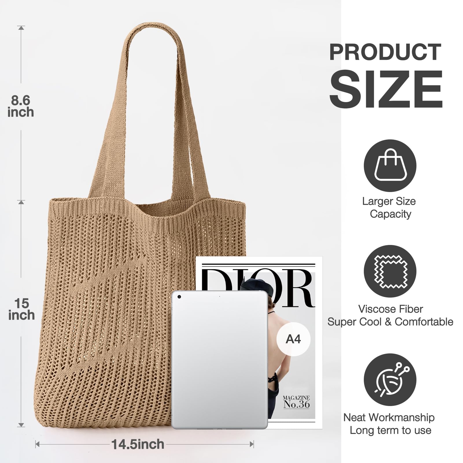 Crochet Tote Bag for Women - Large Beach Mesh Knitted Shoulder Bag, Aesthetic Hollow Hobo Handbag | Perfect for Summer Outings, Beach Trips, and Casual Shopping