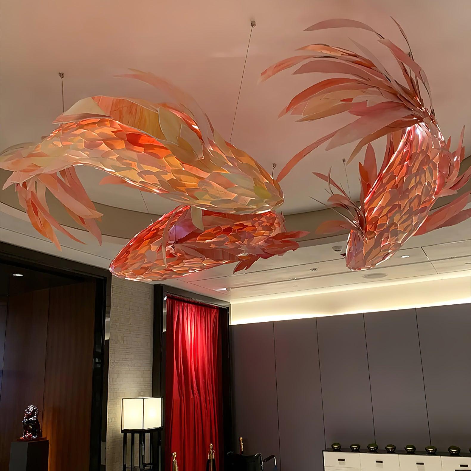Elegant Crimson Swirl Koi Chandelier - Handcrafted Glass Pendant Light Fixture for Dining Room, Bedroom & Living Room Decor