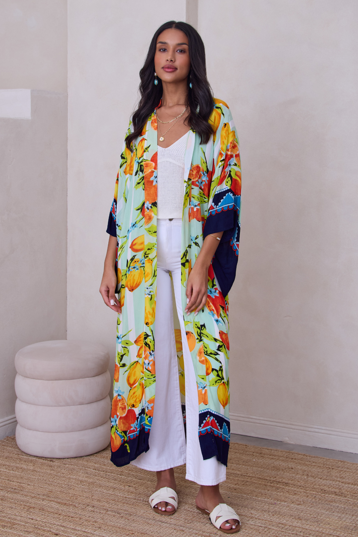 Stylish Citrus Print Kimono Long Sleeve Cover Up - Lightweight Summer Beachwear for Women - Perfect for Beach, Pool, and Vacation Outfits