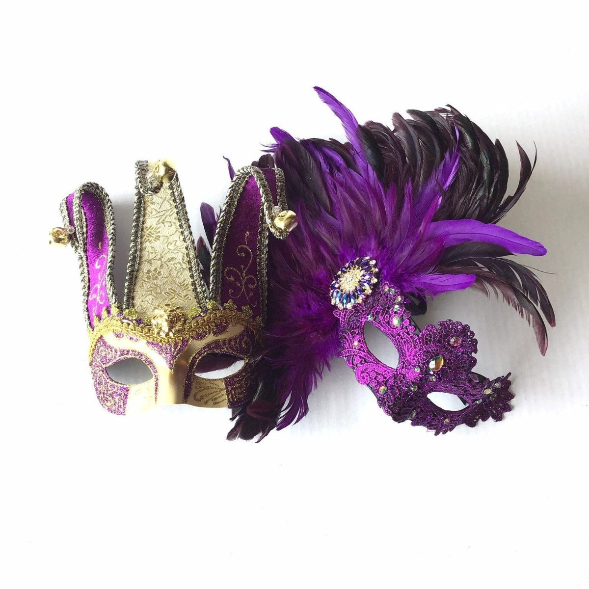 Jester Mask Pair - Lavish Purple Venetian Carnival Costume Accessory for Halloween, Cosplay & Masquerade Parties