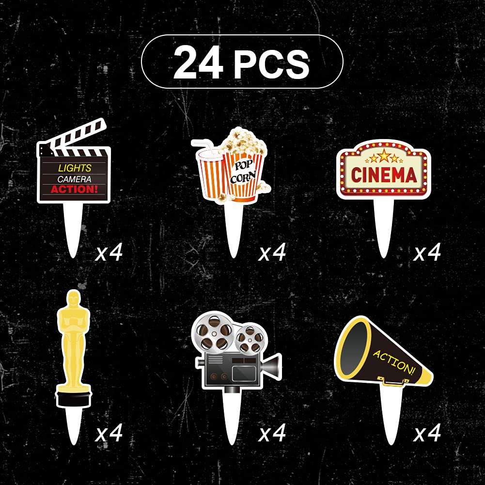 24 Pcs Movie Night Cupcake Toppers - Cinema Themed Birthday Party Decorations, Film Reel & Popcorn Cake Toppers for Hollywood Party, Movie Marathon Night, Kids Birthday & Themed Celebrations