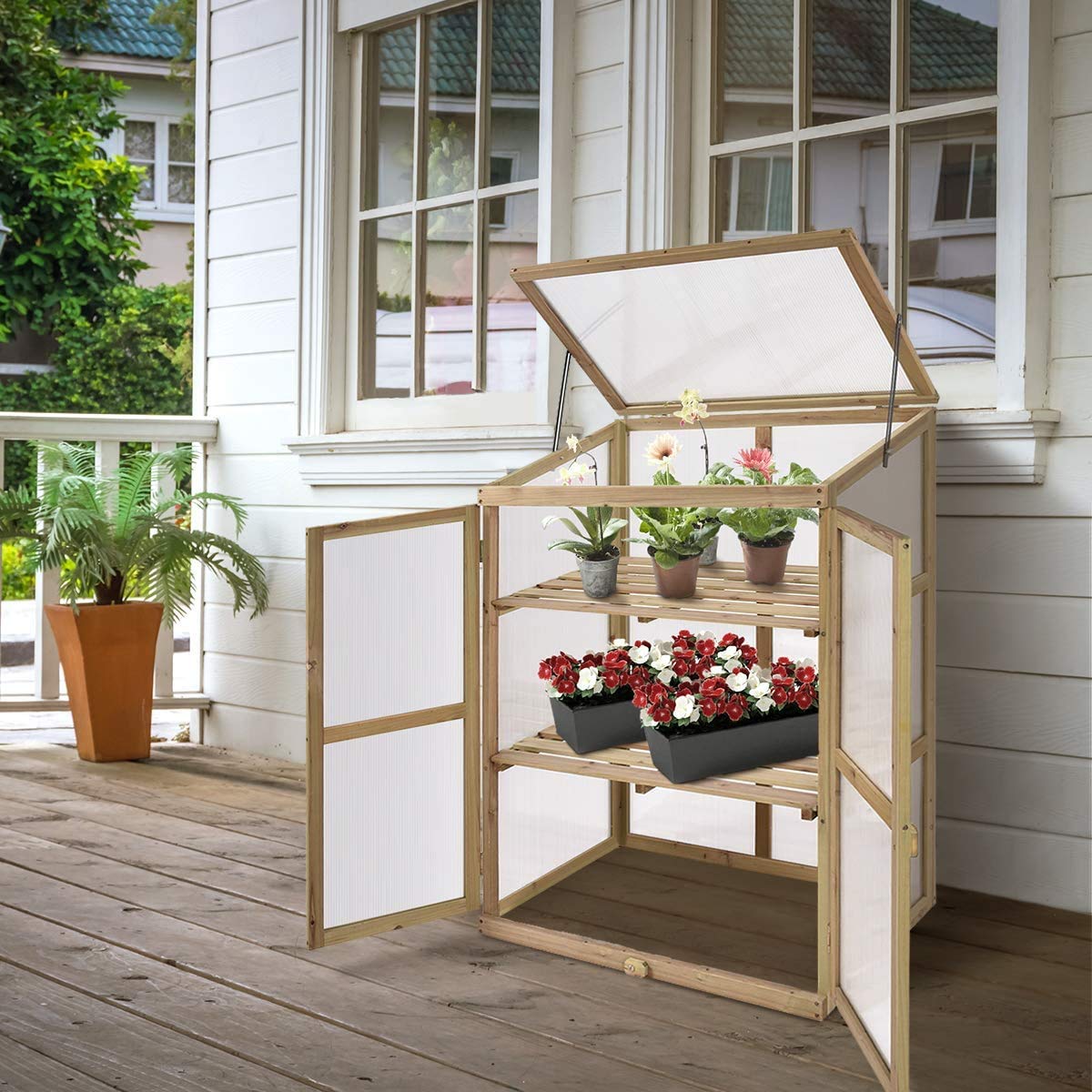 ReunionG Portable Greenhouse with Wooden Cold Frame - Double Shelves Raised Bed Planter Box for Plants & Flowers - Openable Top Design (30