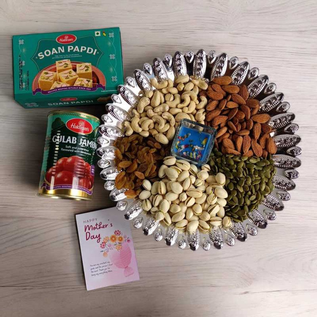 Premium Dried Nuts & Gourmet Sweets Gift Basket with Scented Candle & Greeting Card - Perfect Holiday Gift Set for Christmas, Birthday, Anniversary & Housewarming Parties