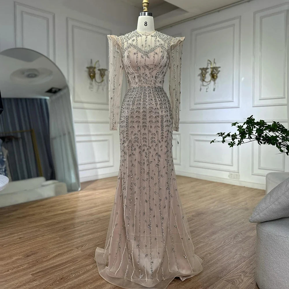 Elegant Dubai Pink Mermaid Evening Gown with Pearl Beading - Arabic Formal Dress for Women - Perfect for Weddings, Galas & Special Occasions - LA72826