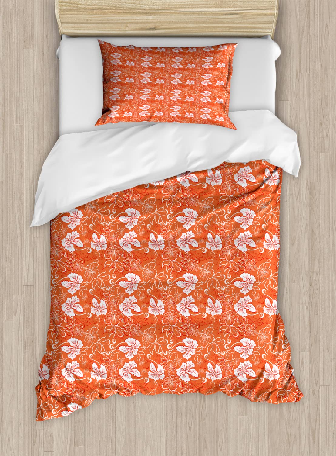 Ambesonne King Size Burnt Orange Duvet Cover Set - 2 Pack with 4 Pillowcases, Hawaiian Hibiscus Floral Pattern with Swirl Design, Luxury Bedding for Master Bedroom, Guest Room or Vacation Home Decor